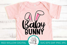 Load image into Gallery viewer, baby bunny ears cut file displayed on a pink baby bodysuit

