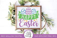 Load image into Gallery viewer, easter cut file displayed a white canvas with a wood frame
