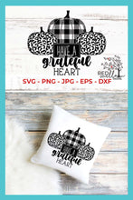 Load image into Gallery viewer, Have A Grateful Heart SVG with buffalo plaid and leopard print pumpkins
