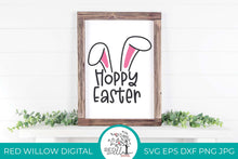 Load image into Gallery viewer, Hoppy Easter cut file displayed on a white canvas with a wood frame
