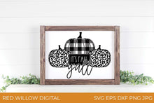 Load image into Gallery viewer, It&#39;s Fall Y&#39;all SVG with Buffalo Plaid and Leopard Print Pumpkins framed over a fireplace
