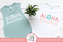 Load image into Gallery viewer, Aloha Beaches Summer SVG Cut File displayed on tank tops
