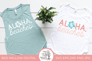 Aloha Beaches Summer SVG Cut File displayed on tank tops