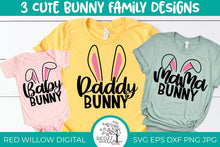 Load image into Gallery viewer, matching easter cut files displayed on a a group of shirts
