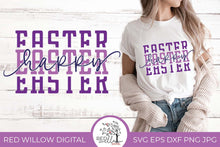 Load image into Gallery viewer, Happy Easter Cut file displayed on a white tshirt worn by a woman
