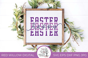 Happy Easter Cut file displayed on a white canvas with a wood frame