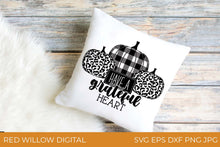 Load image into Gallery viewer, Have A Grateful Heart SVG with buffalo plaid and leopard print pumpkins on a throw pillow

