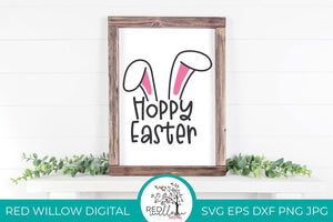 Hoppy Easter cut file displayed on a white canvas with a wood frame