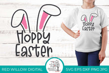 Load image into Gallery viewer, Hoppy Easter cut file displayed on a little girl in a white shirt
