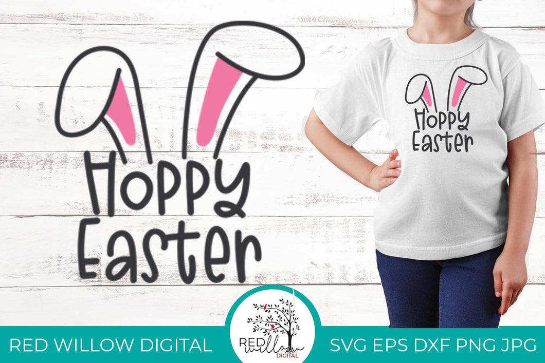 Hoppy Easter cut file displayed on a little girl in a white shirt