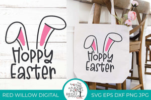 Hoppy Easter cut file displayed on a white canvas tote bag