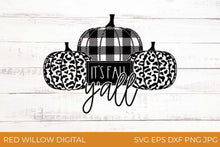 Load image into Gallery viewer, It&#39;s Fall Y&#39;all SVG with Buffalo Plaid and Leopard Print Pumpkins

