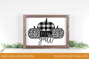 It's Fall Y'all SVG with Buffalo Plaid and Leopard Print Pumpkins framed over a fireplace