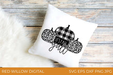 Load image into Gallery viewer, It&#39;s Fall Y&#39;all SVG with Buffalo Plaid and Leopard Print Pumpkins on a throw pillow
