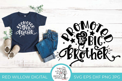 Promoted To Big Brother SVG displayed on a little boy's navy shirt